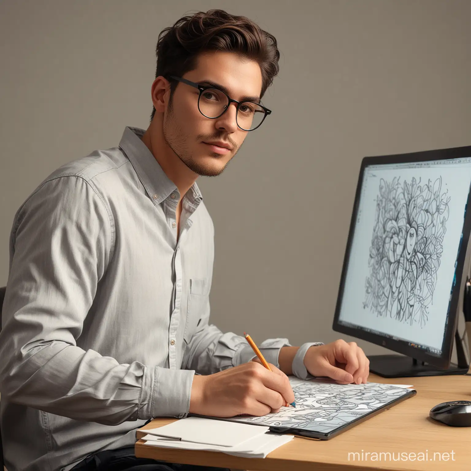 Un artista digital hombre, con lentes, camisa de manga larga, sosteniendo un lápiz para arte digital, enfrente de una tableta para dibujo digital 