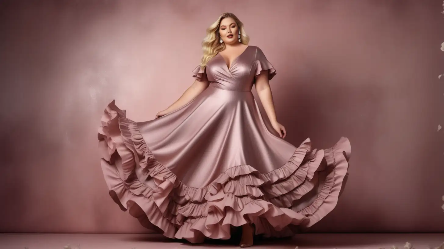 sexy, beautiful, romantic, stylish plus size model, blond,  wearing a dusty rose matte metallic long gown with 2 tiers of long ruffles on the bottom of the very flared skirt, short length fitted sleeves, dancing, studio fashion photography, 3D floral background