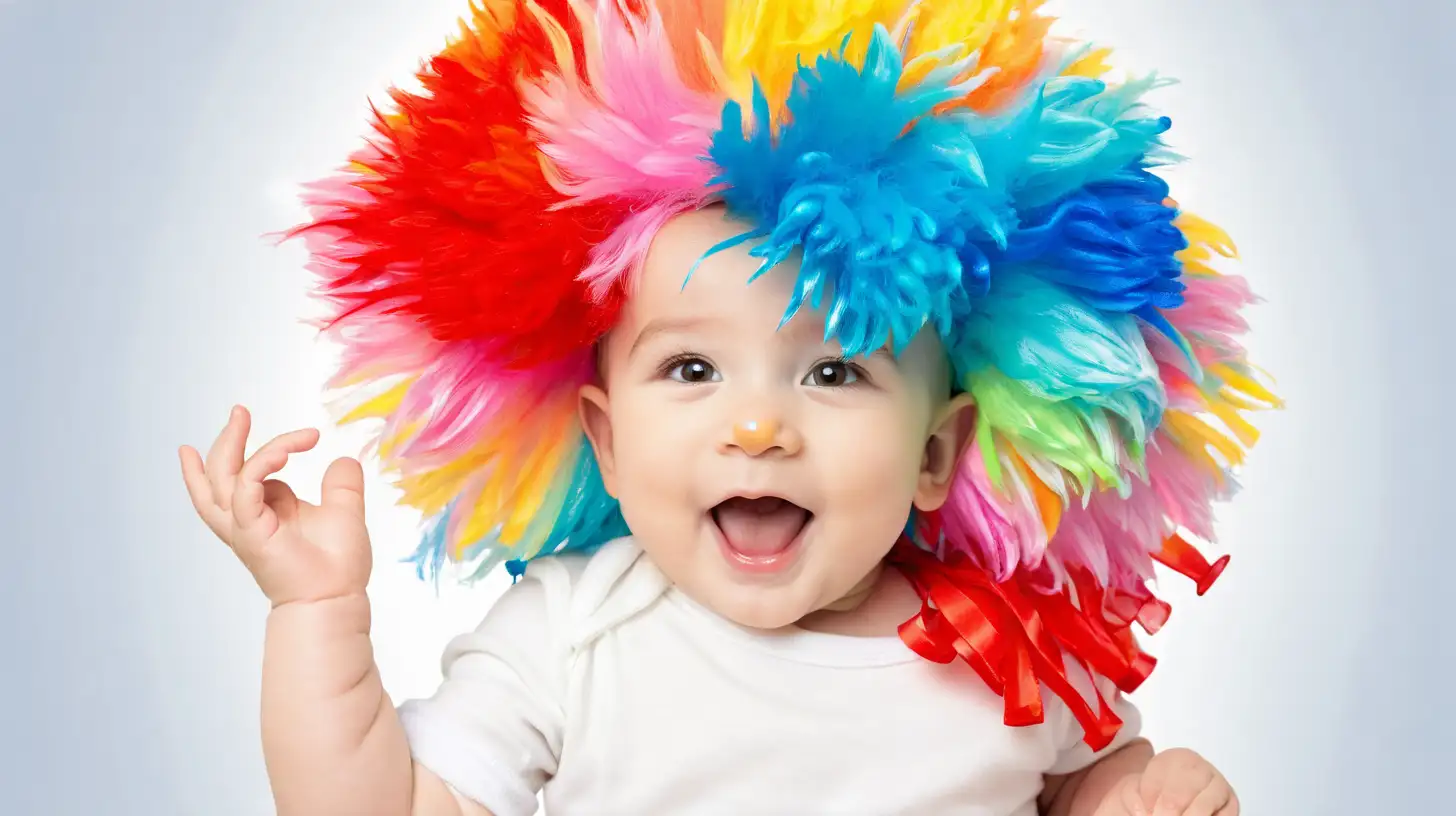 one happy baby boy with a colourful clown wig
