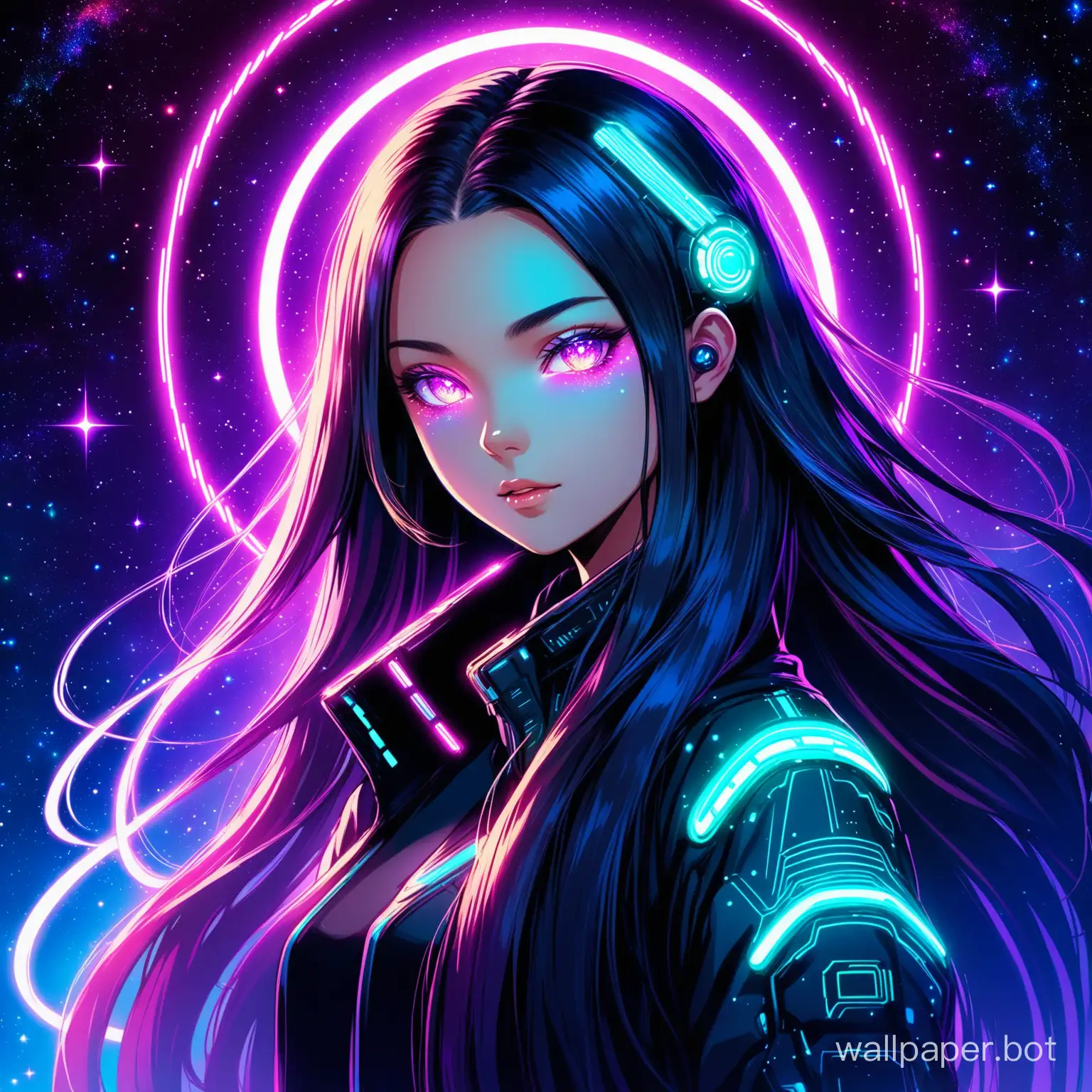 A girl with long hair, neon lights, and a glowing aura. She has a futuristic and cyberpunk appearance, with digital art and anime influences. Her hair is styled in a way that resembles the universe, with stars and galaxies intertwined. Create a portrait of this girl, emphasizing her otherworldly and magical qualities.