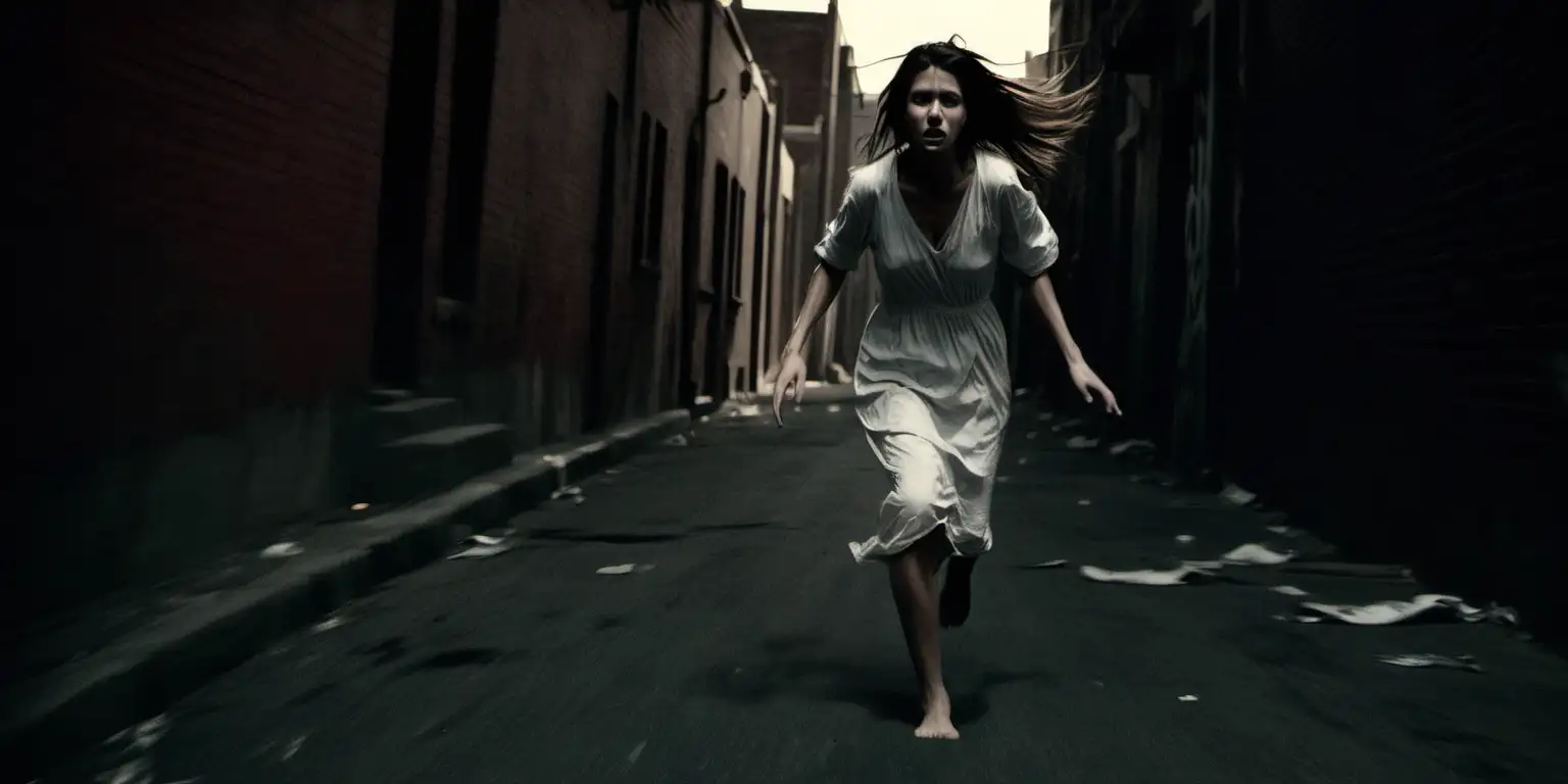 Desperate Woman Running Barefoot Through Urban Labyrinth