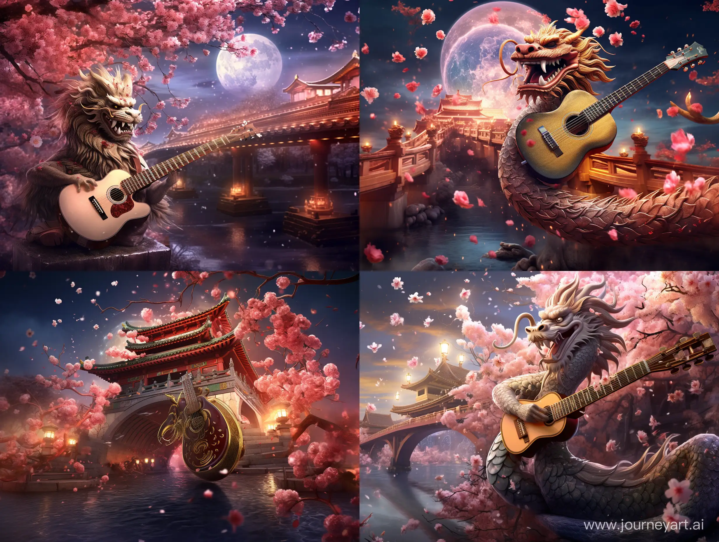 a chinese dragon playing guitar by an asian bridge, new year fireworks in the sky, cherry blossom everywhere