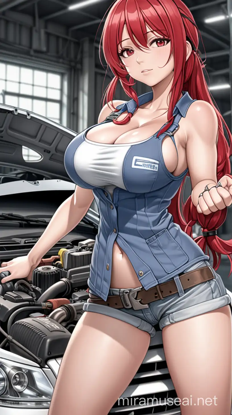 anime girl as a car mechanic, large breasts, wide hips, 4 arms, messy red hair, tank top, workshirt