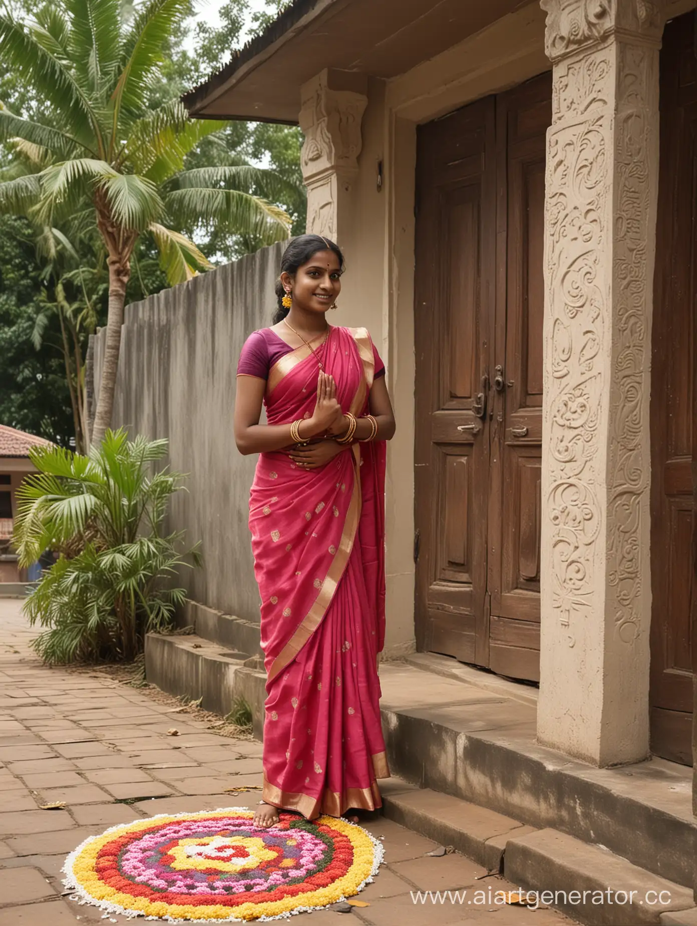 A beautiful dusky hot Tamil girl in saree putting kollam in front of her house. Her hair is tied in a bun with a towel. It is early dawn and sun is just about to rise. The kollam (rangoli) reads "Happy Tamil New Year" in Tamil language, with designs of Temple and some artistic designs. The background is a street leading up to the gopuram of a temple. The girl is in crouched position as she is making the kollam. The kollam reads 
இனிய தமிழ் புத்தாண்டு வாழ்த்துக்கள்