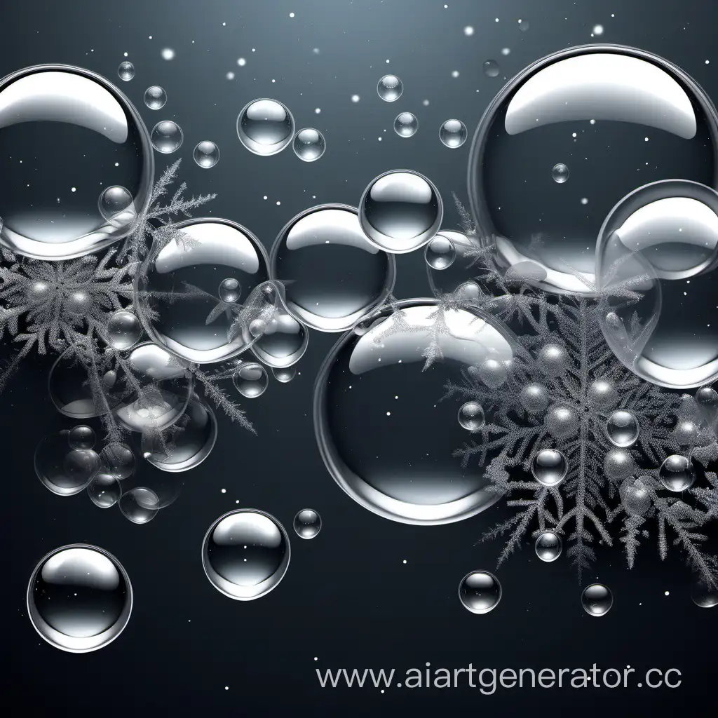 темно-серый задний однородный  фон с 3d  неоднородными прозрачными пузырями и снежинками внутри пузырей