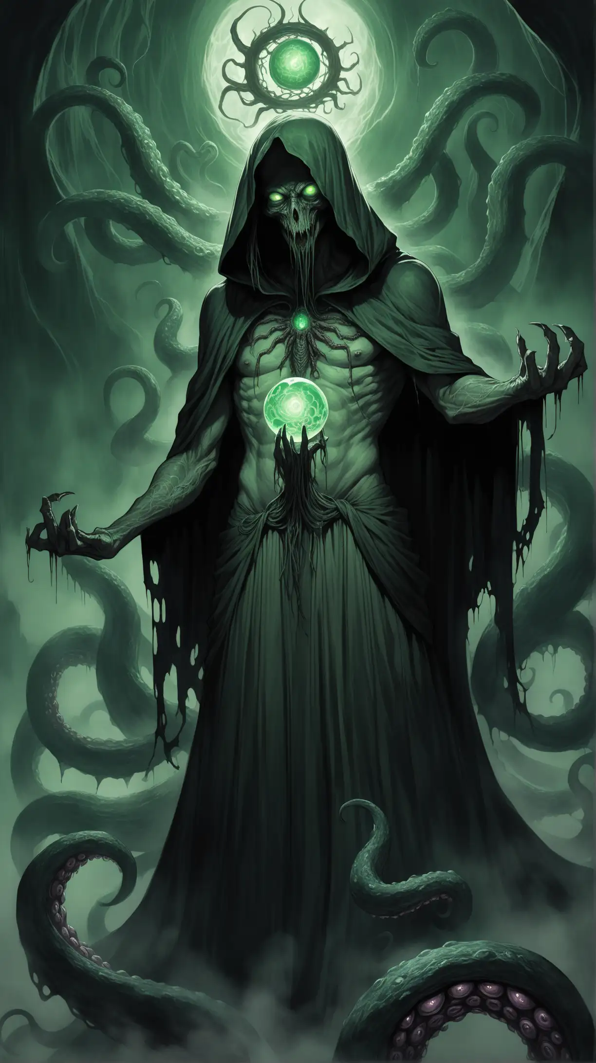 "Create a chilling full-bodied illustration of a Lovecraftian-inspired male deity draped in a tattered, dark green hooded cloak, blending the cosmic horror of Lovecraft's mythos with the terrifying imagery of illustrative horror, drawing influence from the enigmatic allure of the Madonna. Detail the deity's grotesque and imposing form, exuding an aura of dread and malevolence. His body contorts and mutates unnaturally beneath the cloak, with unnaturally thin long, sinewy limbs and fingers stretching out in a wiry and muscular physique. Writhing tentacles, extremely long gnarled limbs, and pulsating appendages protrude from under his garments. The hood obscures his face in shadow, leaving only darkness and the glint of large glowing green spider-like eyes. Surrounding his head is an emerald green halo, adding to his unearthly presence. Capture the essence of cosmic horror in his monstrous visage, conveying a sense of ancient malevolence and eldritch power beyond mortal comprehension. Perhaps he is a manifestation of the unknowable horrors lurking beyond the veil of reality, his presence evoking both fascination and terror in equal measure. Set the deity against a backdrop of twisted and otherworldly landscapes, shrouded in mist and shadow, to enhance the atmosphere of dread and foreboding. Infuse the artwork with the dynamic and expressive qualities of illustrative horror, using exaggerated features, grotesque details, and dramatic lighting to evoke a sense of terror and unease. Tags: dark, psychological, Lovecraftian, horror, deity, monstrous, illustrative horror, cosmic horror, Madonna inspiration." shirtless, long skirt, green energy orb on chest