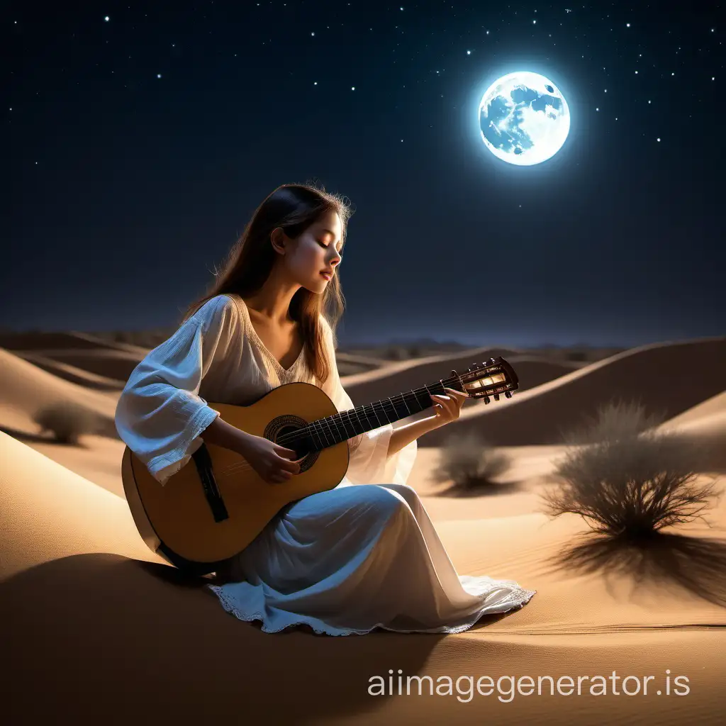 一位美少女在夜晚宁静的沙漠中弹着古典吉他，此刻月光照在她身上
