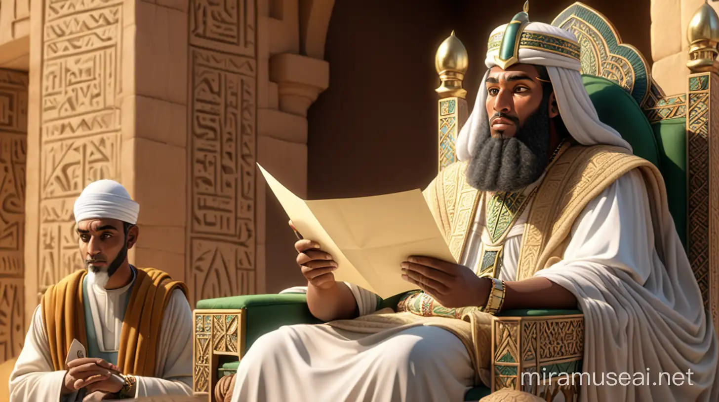 A 3D illustrator of King najashi, Negus ruler of the Kingdom of Aksum sitting in his throne,  is reading a letter infront of a arab companion of prophet muhammad, 
