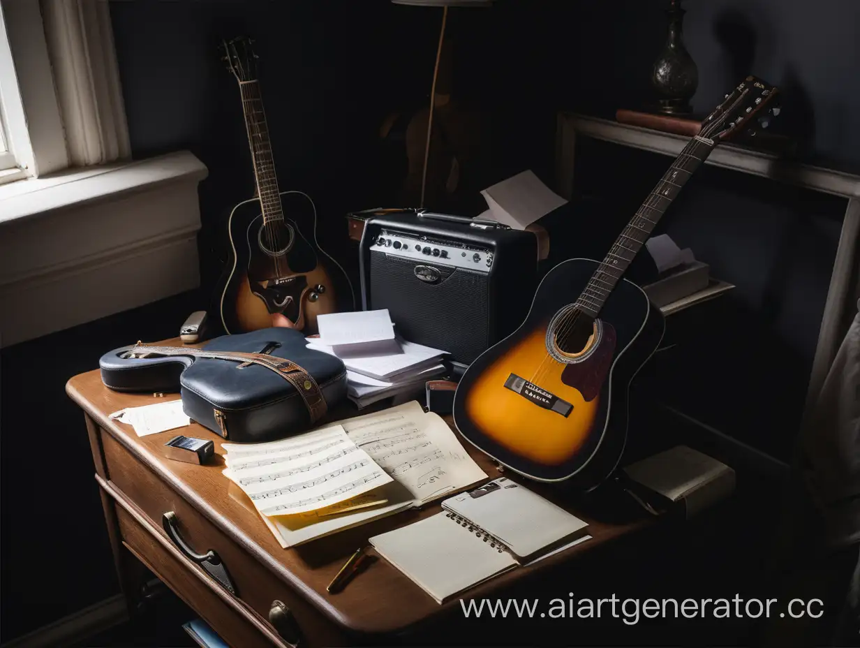 Vintage-Notes-and-Guitar-in-Stylish-Darkness
