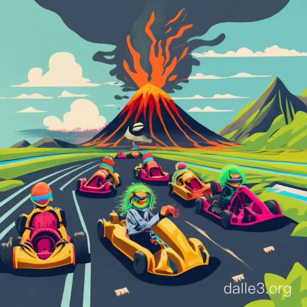 A go kart track around the outside of a volcano and there is 8 go karts racing and the go kart in first place is golden and the driver is first place has neon green dread locks and is wearing a long black leather trench coat and has black sun glasses and bright orange shorts and is holding a mushroom and the volcano is smoking ready to blow