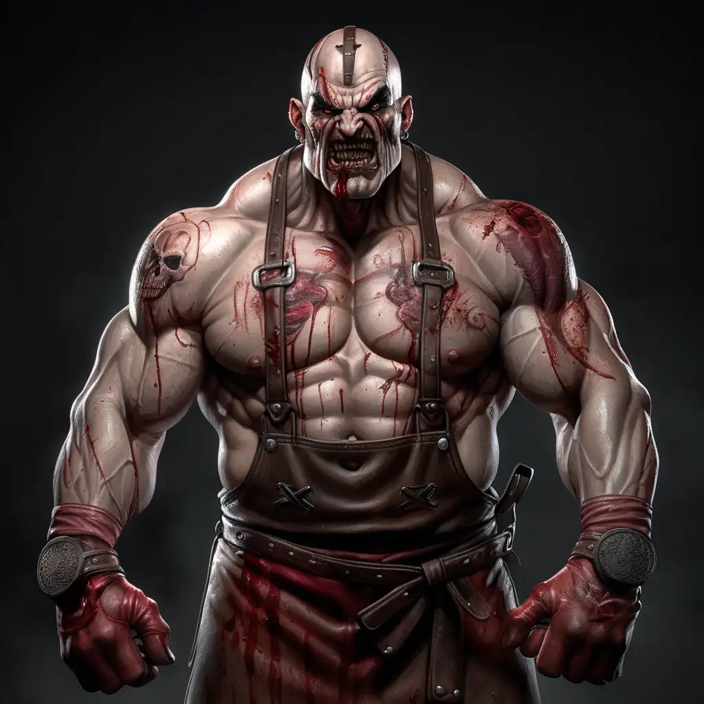 The Butcher is a formidable figure, standing tall and imposing with a muscular build honed through years of physical labor. His rugged appearance is accentuated by a weathered face, marked by scars and a perpetual scowl that reflects his hardened demeanor. Clad in blood-stained aprons and worn leather gloves, he exudes an aura of menace and brutality. His arms are adorned with tattoos depicting gruesome scenes of slaughter, serving as a grim reminder of his former occupation. With piercing eyes that gleam with a predatory intensity, the Butcher exudes an air of primal aggression, ready to unleash his savage fury upon anyone who dares to cross his path.
