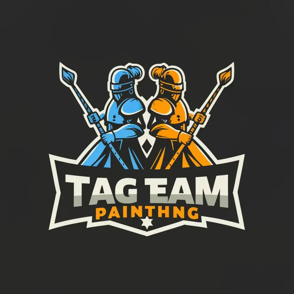 a logo design,with the text 'TAG Team Painting', main symbol:Two Knights. Two Paint Brushes.,complex,clear background