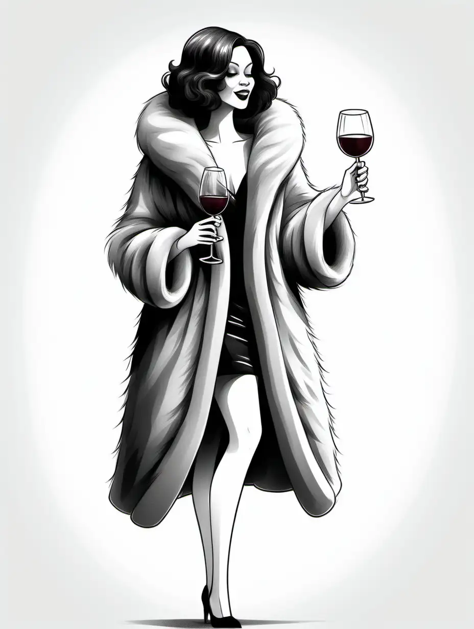 faceless cartoon singer in a fur coat holding a glass of wine, illustration black and white with white background