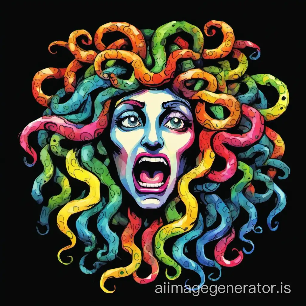 2D cartoonized sad screaming mithologic medusa head, pop art multicolors, tshirt design, watercolor brush, black background