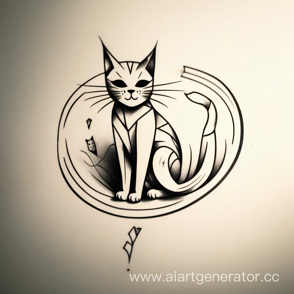 Minimalist-Tattoo-Sketch-Smiling-Cat-Cutting-Paper
