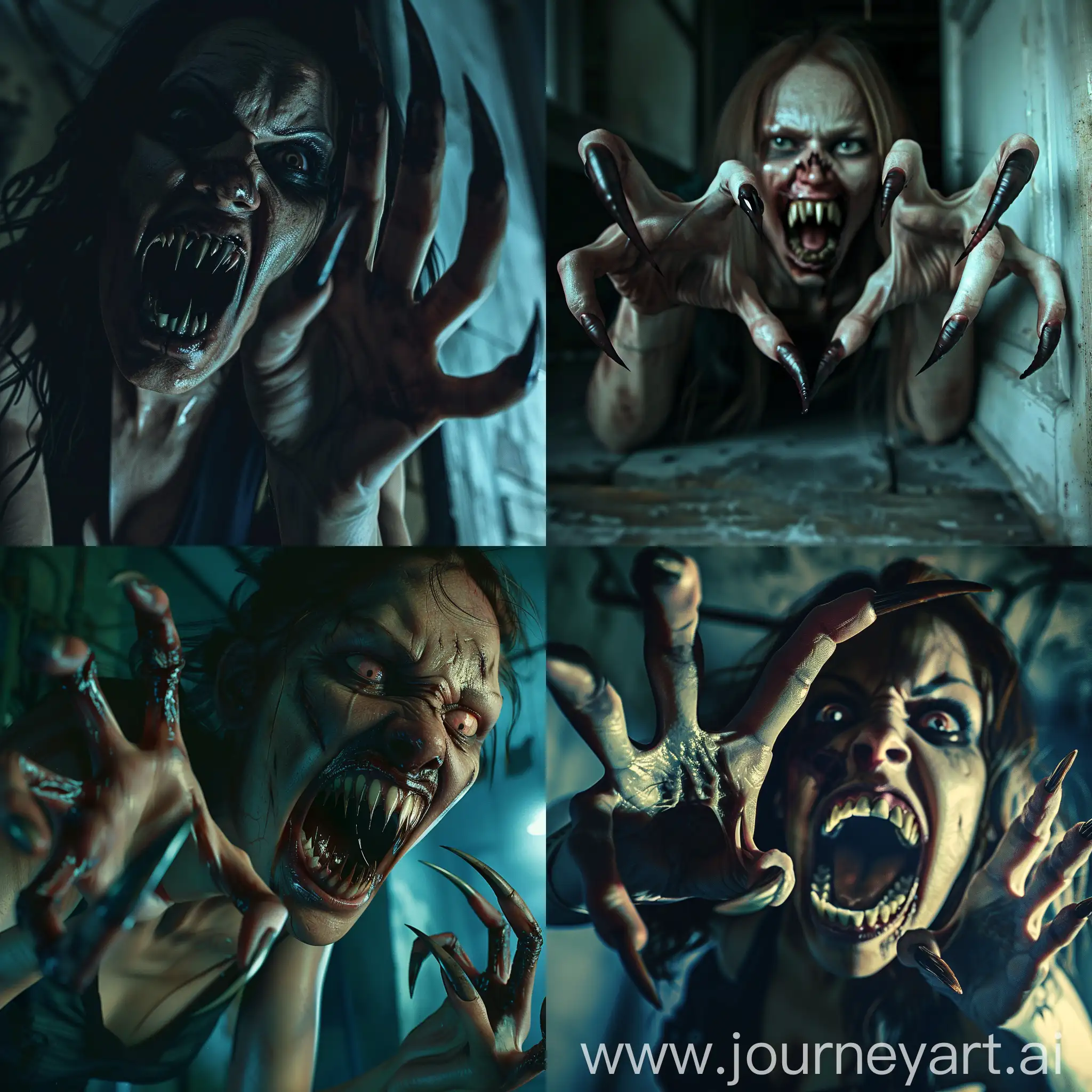 A Terrible Zombie woman with long curved pointed nails protruding from her fingers like menacing claws, she looks like a who has climbed out of the grave, her mouth is threateningly open exposing pointed teeth resembling fangs, The scene takes place at night, in an abandoned building, hyper-realism, cinematic, high detail, photo detailing, high quality, photorealistic, terrifying, aggressive, sharp teeth-fangs, dark atmosphere, realistic detailed, detailed nails, atmospheric lighting.
