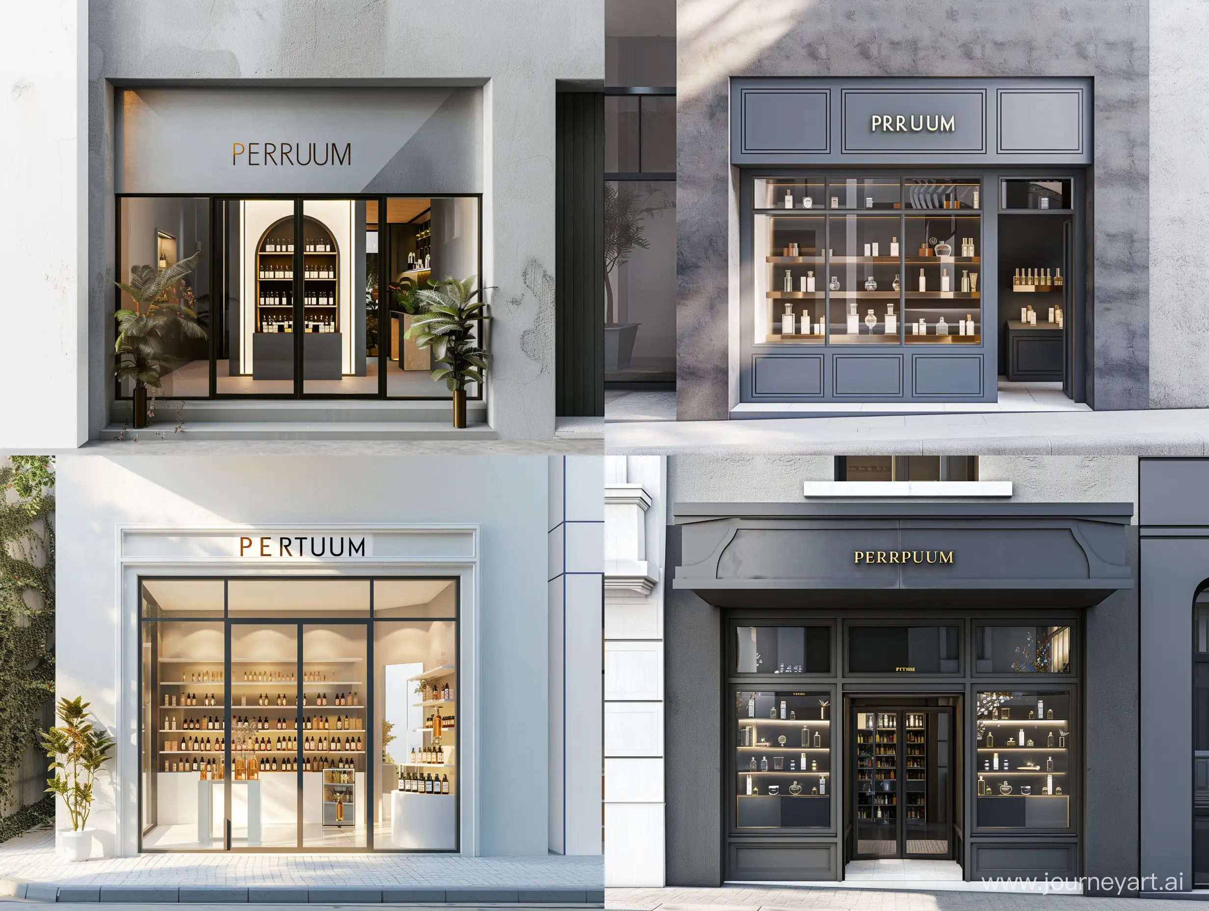 The facade of a small perfume shop called "PERFUM", simple, luxury
