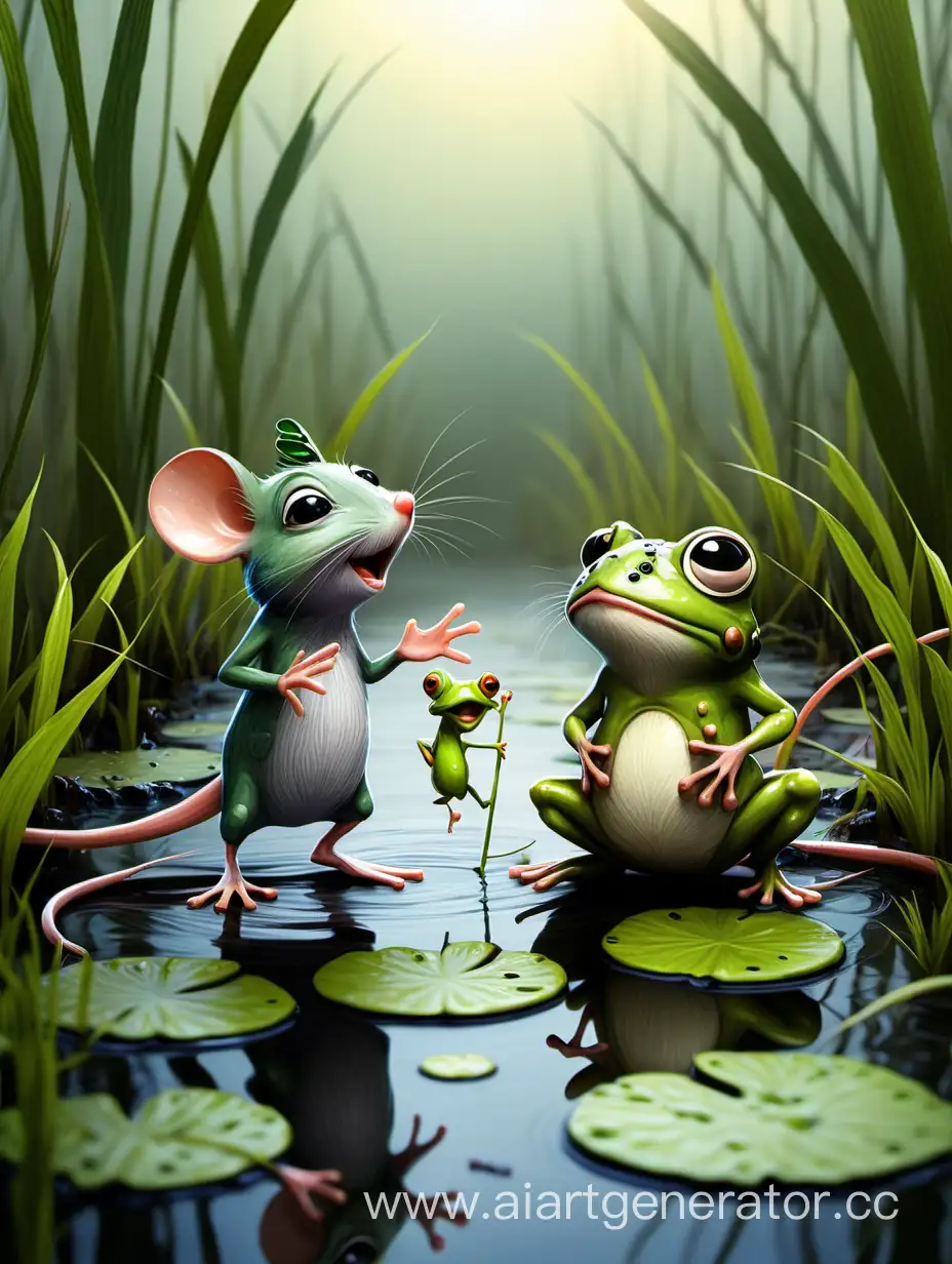 One little mouse and frog in the swamp are talking