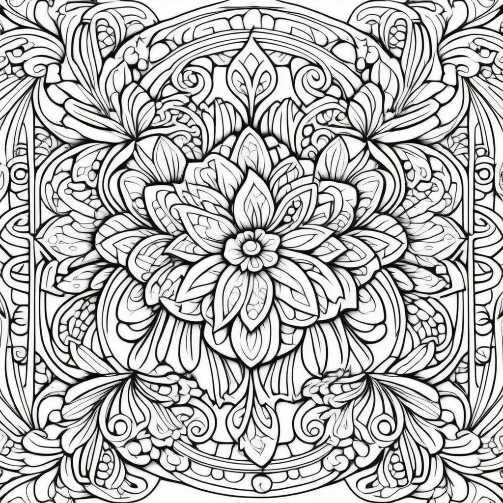 generate a coloring book background for adults with clean crisp lines and a lot of white space for coloring in. Make the background with floral designs