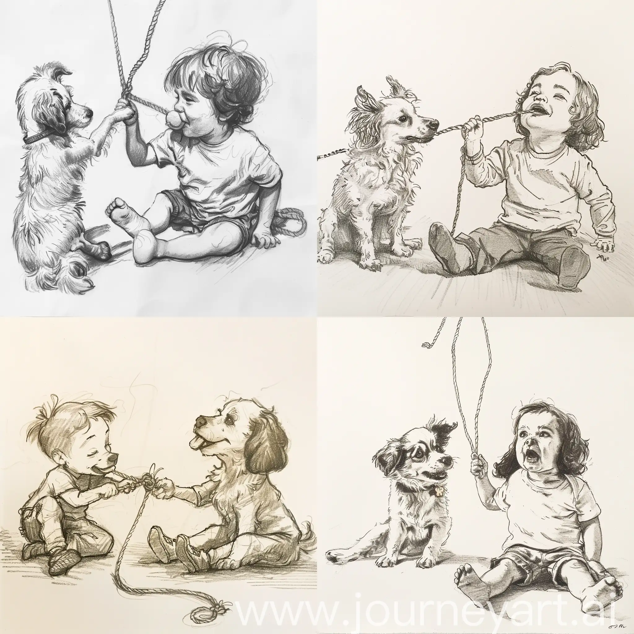   drowing of a child sitting on the floor with a cavlier spanel likking the childs  right cheak while the childs playing tug of war with a sheltie dog by his laft hand