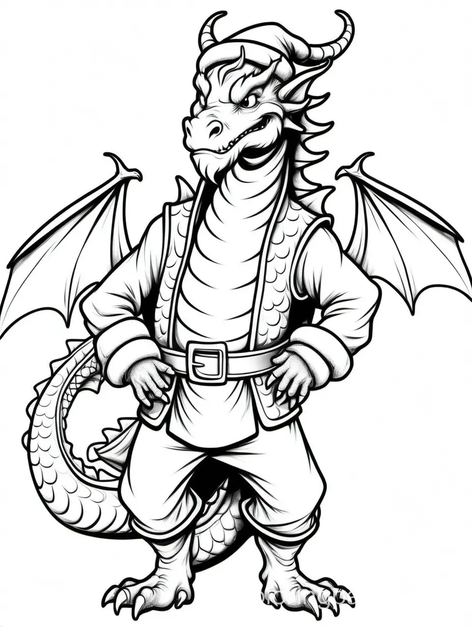 a dragon santa claus, Coloring Page, black and white, line art, white background, Simplicity, Ample White Space. The background of the coloring page is plain white to make it easy for young children to color within the lines. The outlines of all the subjects are easy to distinguish, making it simple for kids to color without too much difficulty