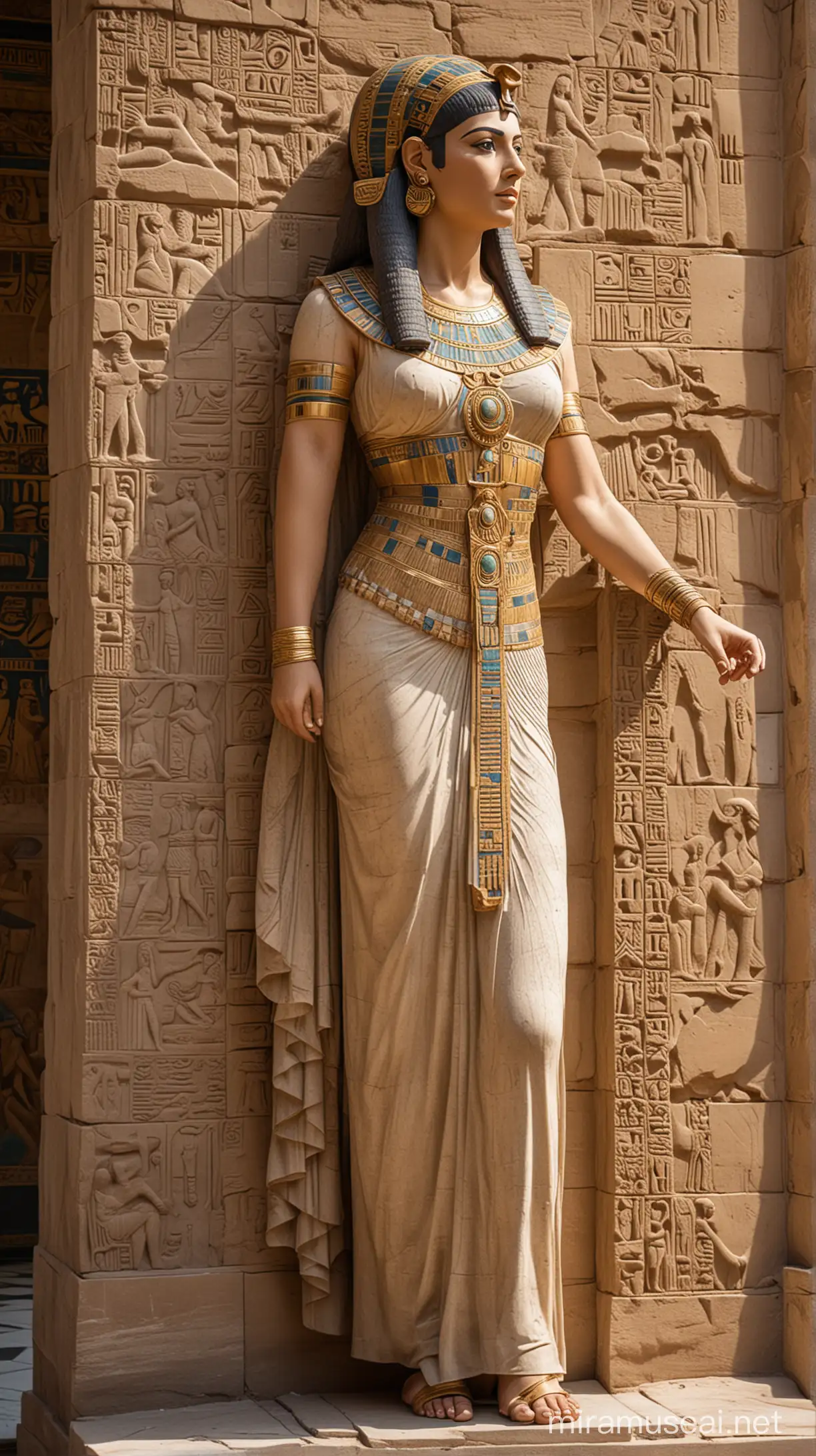 An image depicting a full-scale statue of Cleopatra in an ancient architectural setting. The statue should be intricately crafted, emphasizing Cleopatra's graceful features and regal posture.