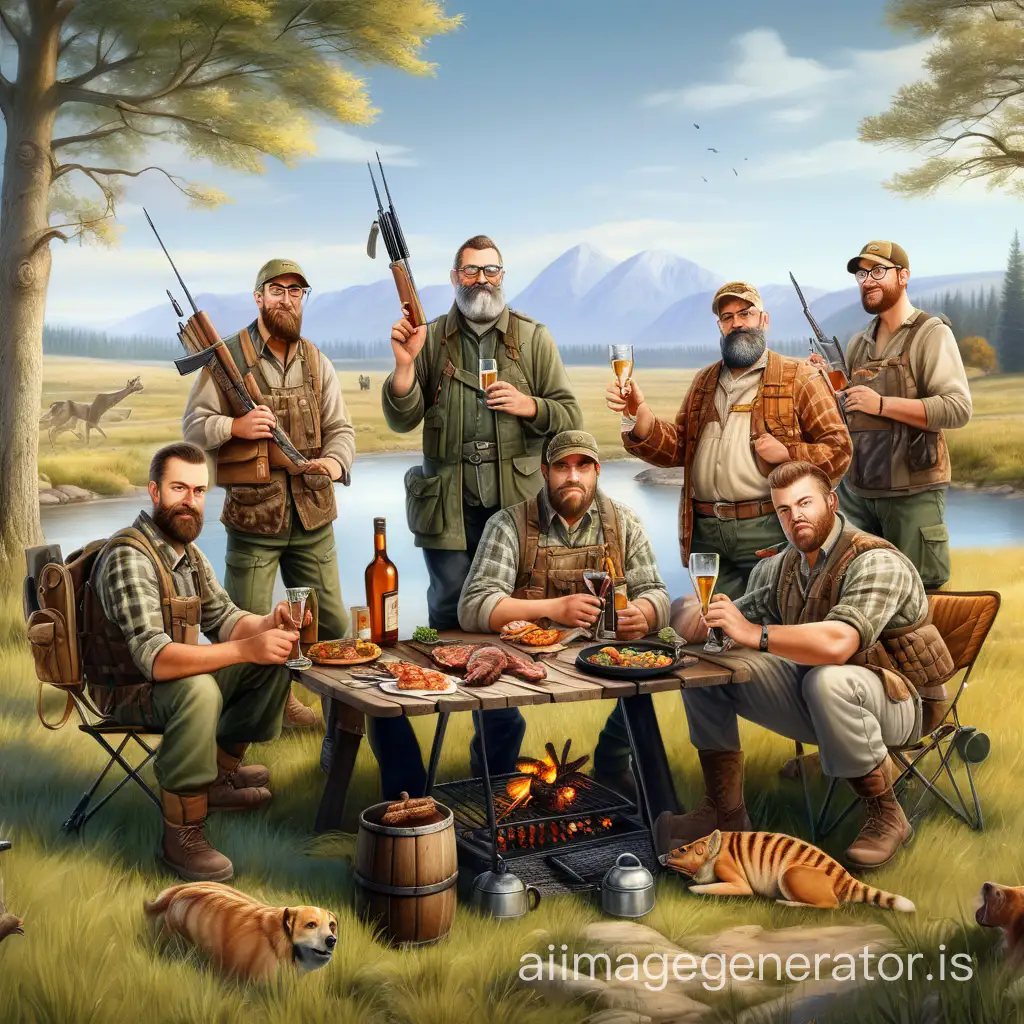 Rest of five hunters after successful hunting.
5 people in camouflage clothing, full height without beard.
against the backdrop of picturesque countryside, nature;
hunters drink alcoholic beverages;
hunters grill kebabs on the grill;
hunters communicate;
against the backdrop of a bonfire;
nearby lie double-barreled hunting weapons;
all hunters are without beards;
one hunter is thin and wears glasses;
one hunter is of large build;
kebab skewers are visible;
hands hold glasses with spirits;
the background should be picturesque and include elements of nature (trees, grass, possibly a river).