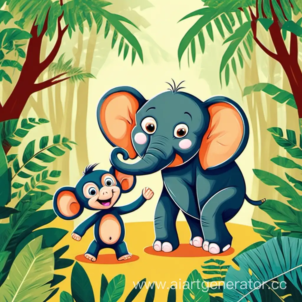 Adorable-Jungle-Friendship-Little-Elephant-and-Monkey-Childrens-Illustration