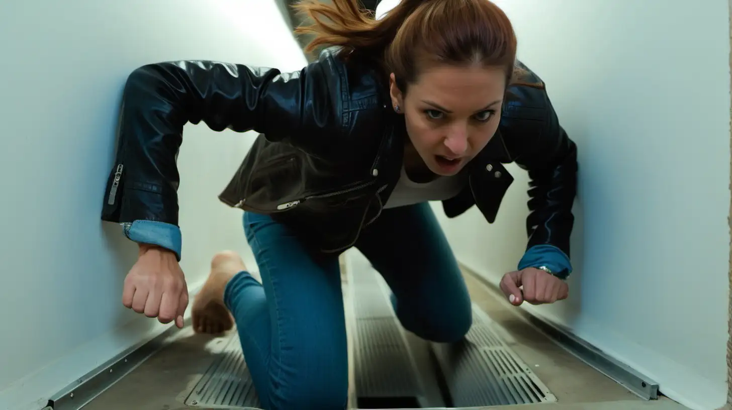 Stealthy Woman Crawling through Air Duct in Blue Jeans