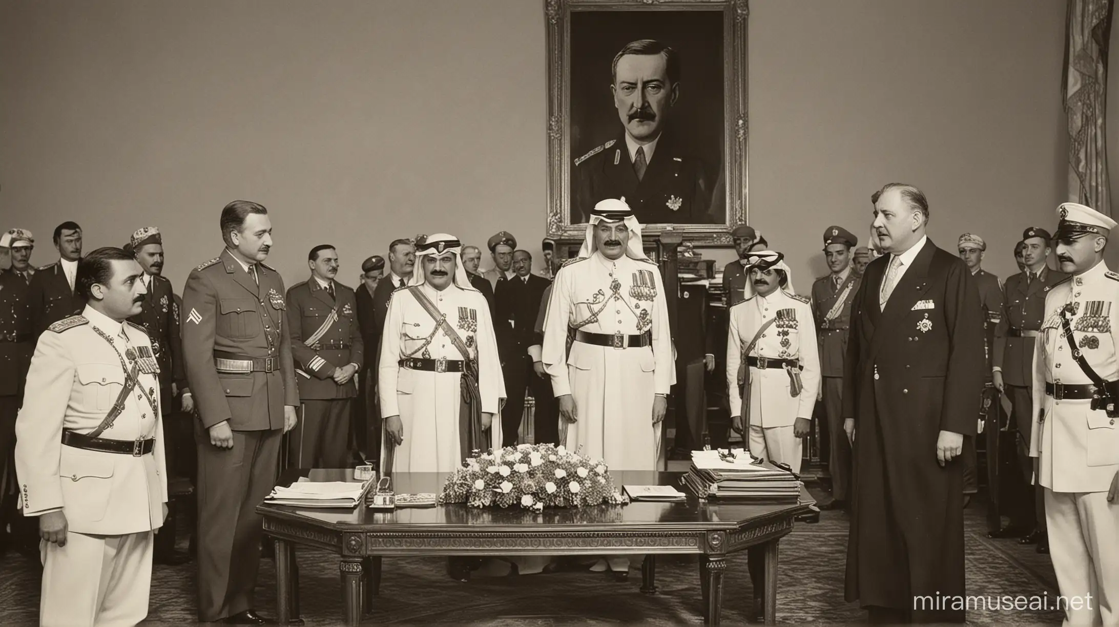 Rei romeno apertando mão do príncipe árabe saudita. Atrás militares de alta patentes sentado em uma mesa cem um salão luxuoso com quadro do Hitler. Fotografia de 1913