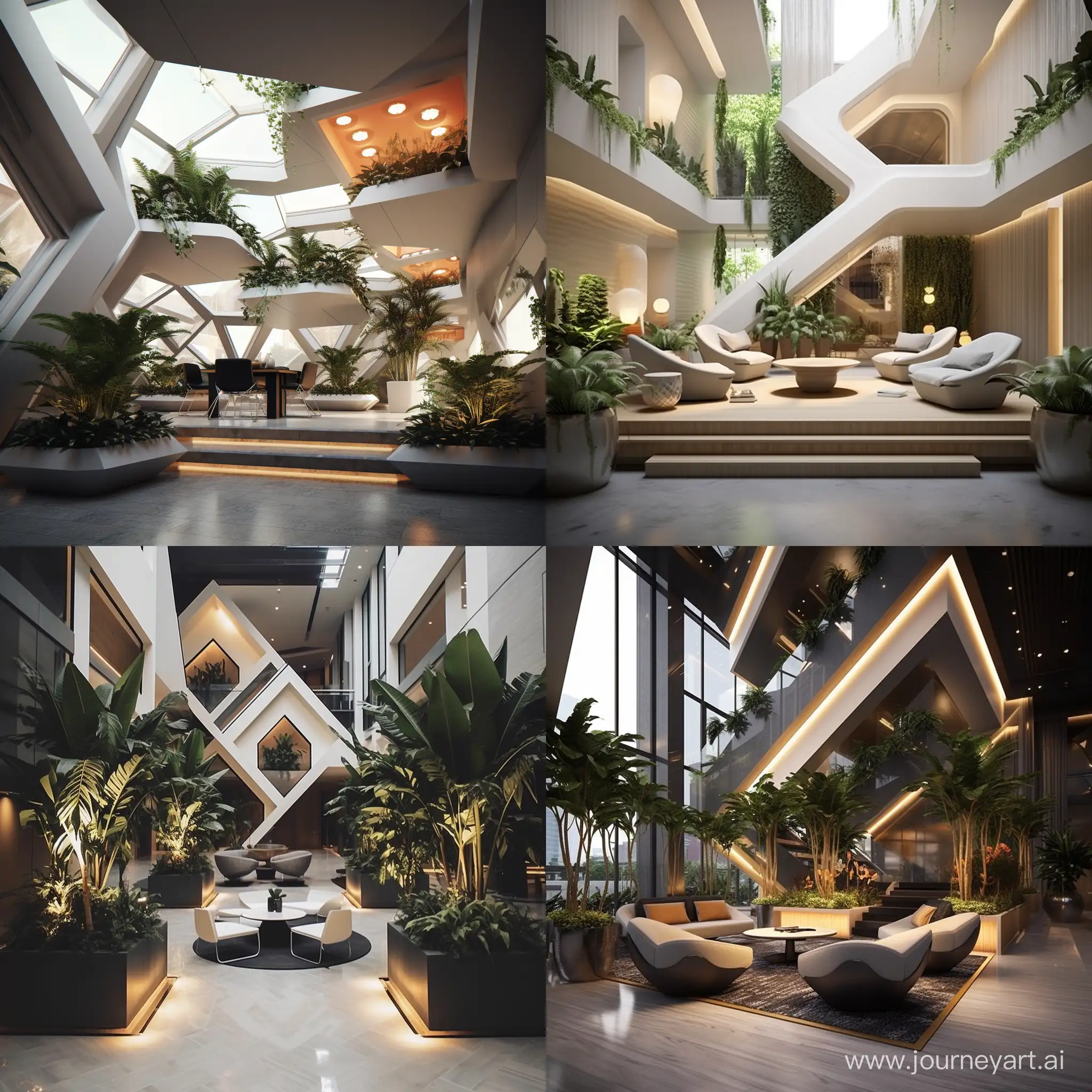 Design a modern and futuristic atrium with sleek planters, geometric plant arrangements, and innovative lighting. Use plants with interesting shapes and textures to create a contemporary and cutting-edge vibe. four floor high small buiding 