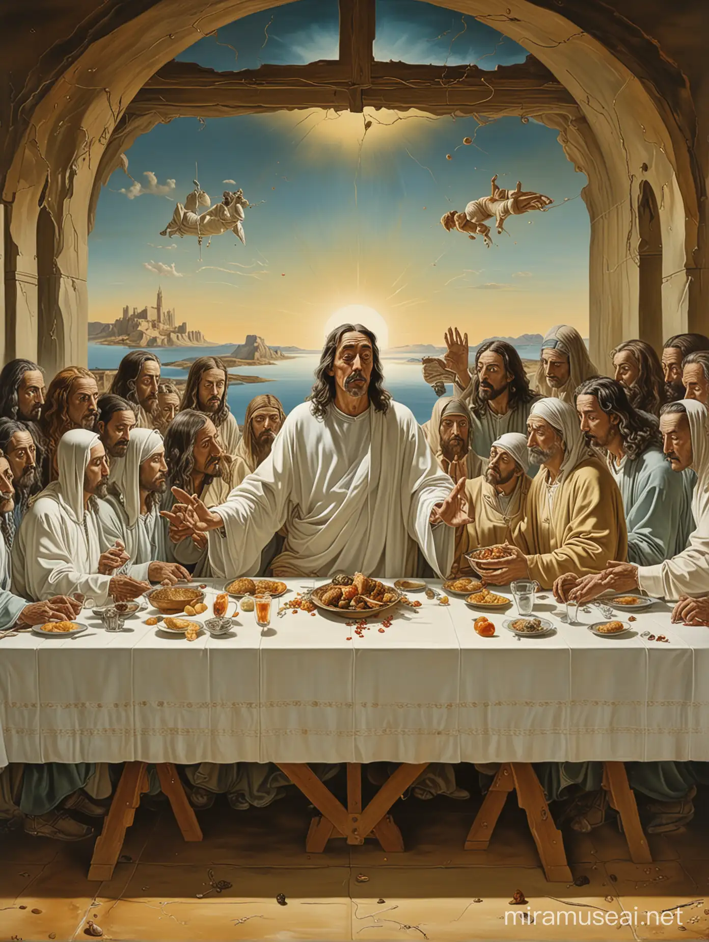 Surreal Last Supper with Android Leading Prayer Muted Pastel Painting