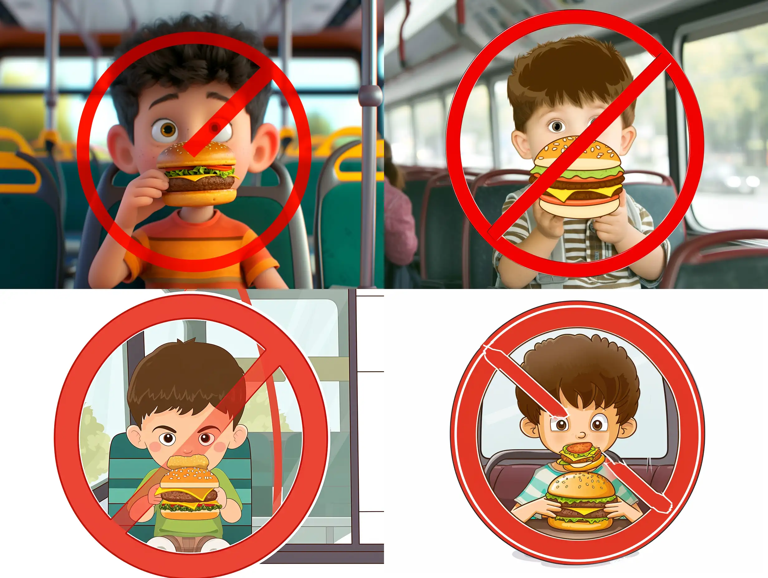 Картинка где мультяшный маленький мальчик ест гамбургер в автобусе и это все в красном кругу с чертой как в запрещающем знаке