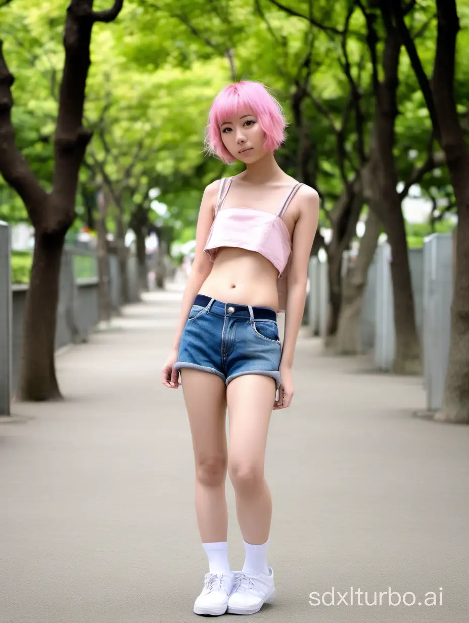 naked petite Japanese 18-year-old girl with flat chest and short pink hair midday at park wearing canvas shoes only