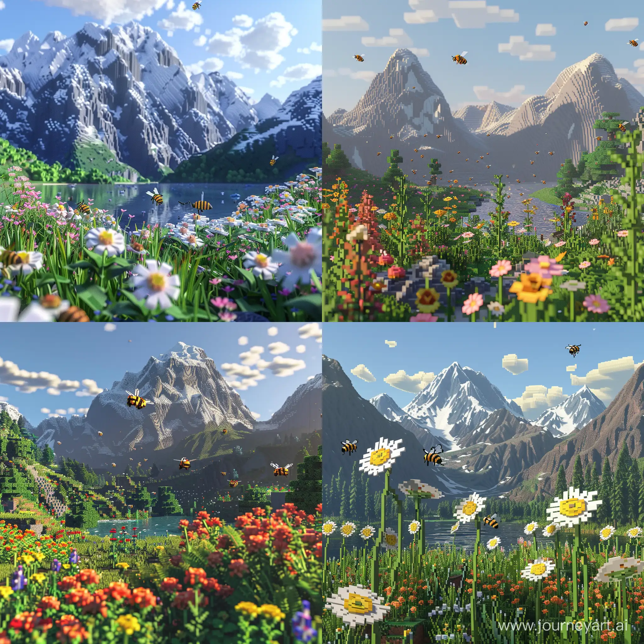 minecraft 3 realistic flowers bees mountains and mountain lake pixelart style minecraft style