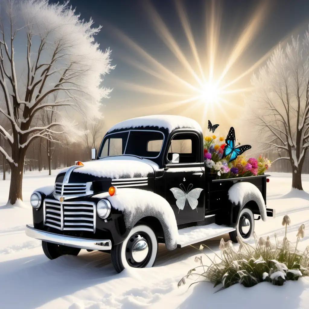 Black and white plaid old fashion truck, glittersplash, glitter dust, sparkle, in a beautiful winter country setting,  mother of pearl, sun rays, multi colored sky line, snow drop flowers and a butterfly