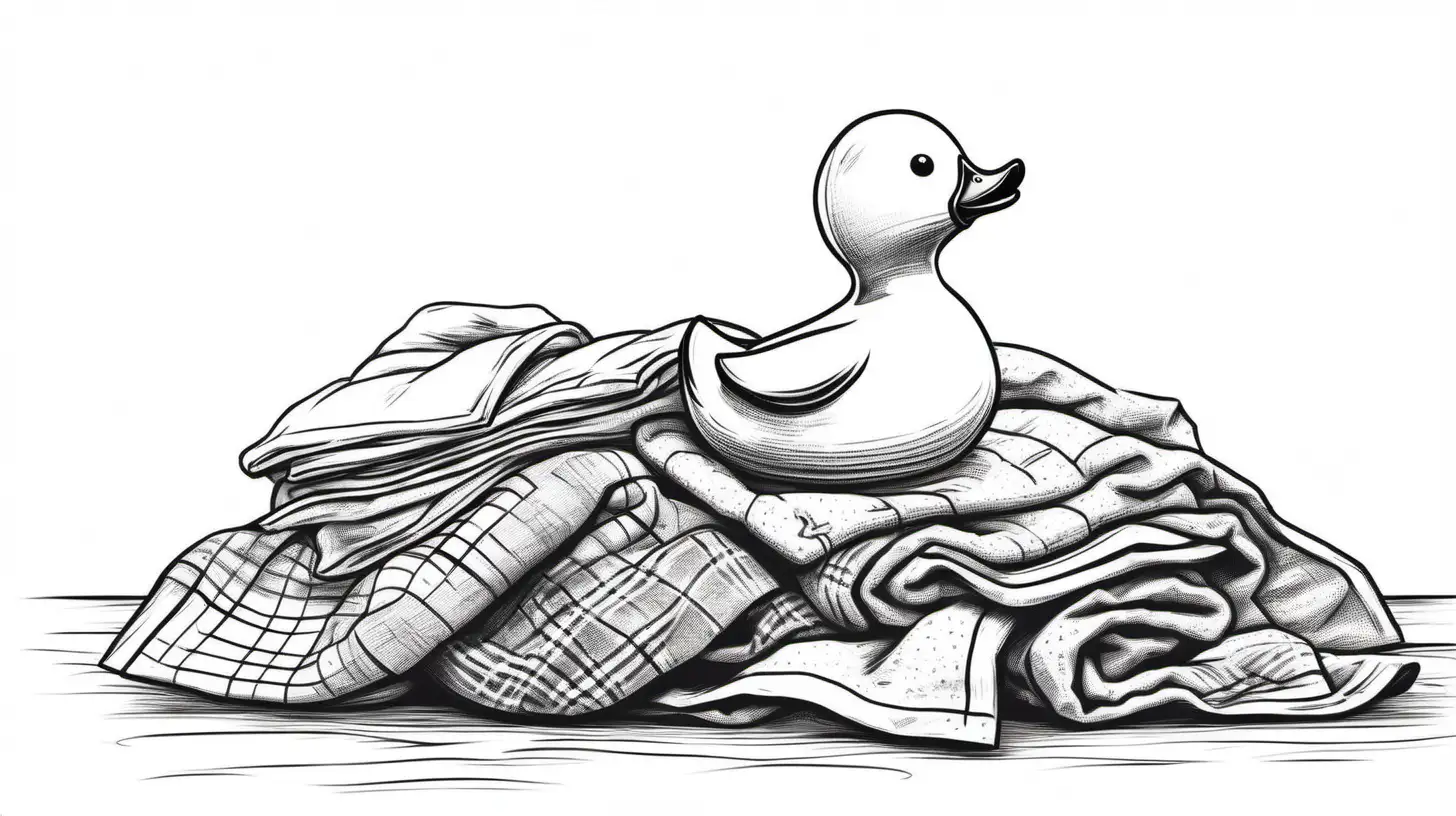 A very tiny rubber duck sitting on a pile of laundry on the floor in a black and white sketch style