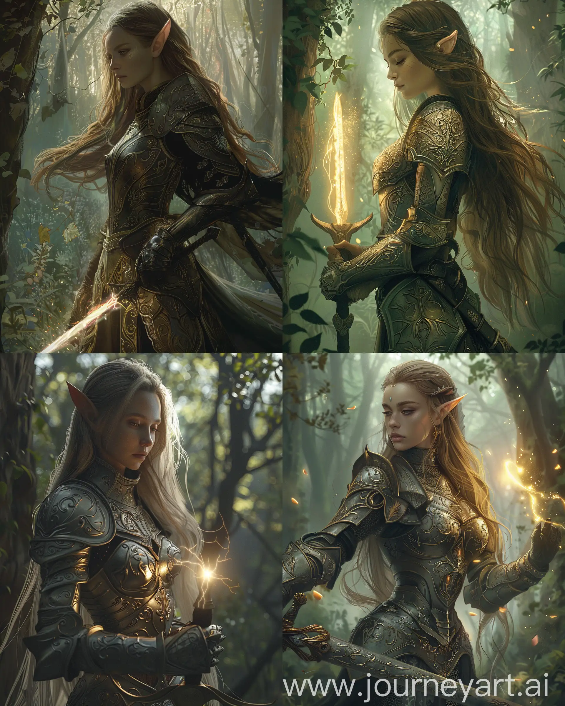 Female elf knight in the style of Pre-Raphaelite art, detailed armor with intricate engravings, mystical forest background with ethereal lighting, long flowing hair, holding a glowing enchanted sword, elegant pose, surreal atmosphere --s 150 --ar 4:5 