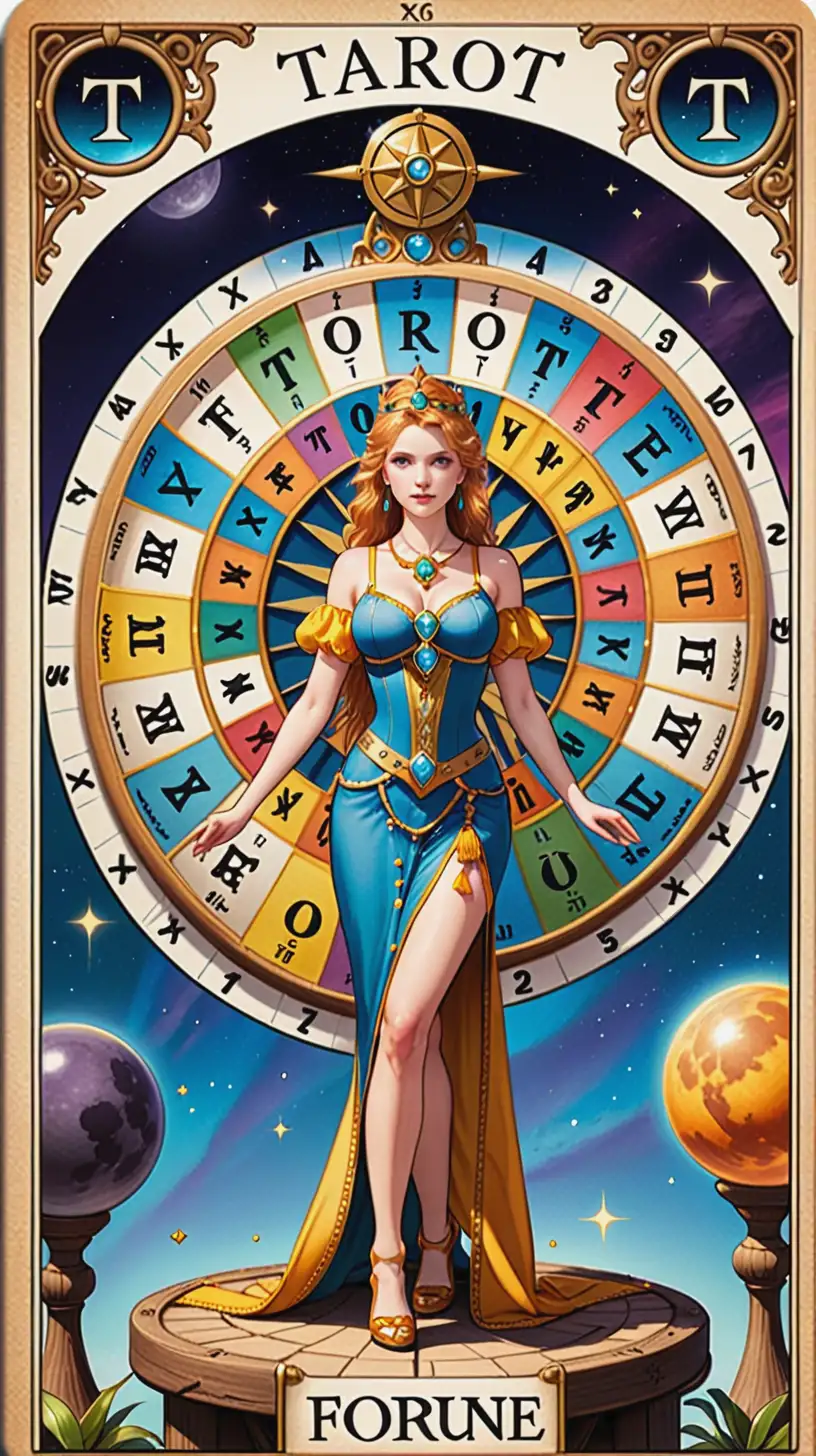 Tarot Card Wheel of Fortune with Mystical Symbols and Cosmic Elements