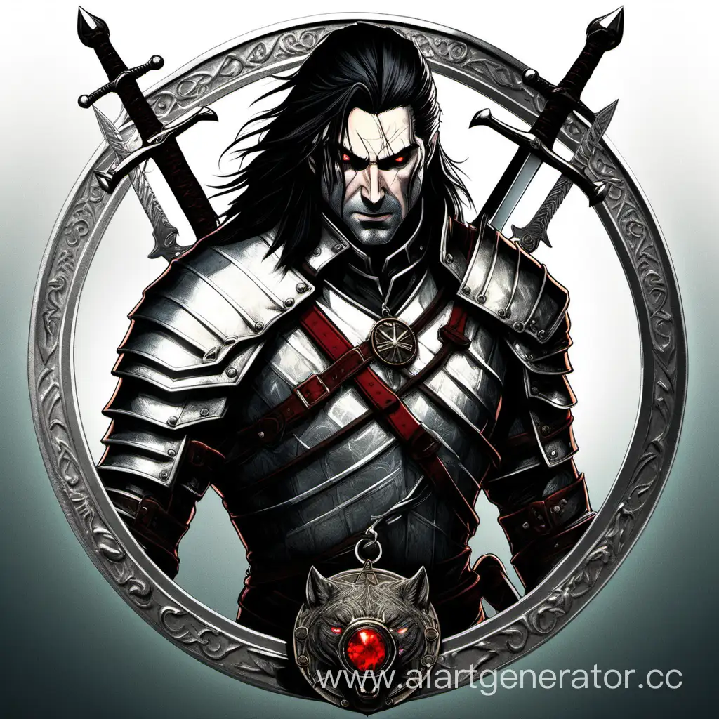 Ведьмак, с красными глазами, черными волосами, двумя мечами за спиной, медальоном волка и весь в серебряной броне