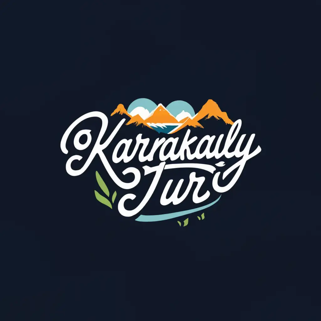 a logo design,with the text "Karmaskaly Tur", main symbol:Image of rural landscape symbols such as mountains, rivers, and traditional houses combined in a stylized logo "Karmaskaly Tour",Moderate,clear background
