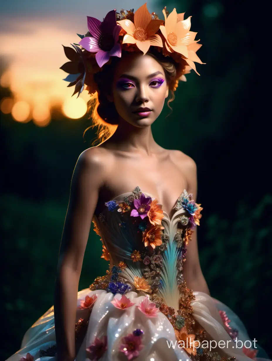 Enchanting-Floral-Headpiece-Glowing-Woman-in-Petal-Gown-Amid-Sunset