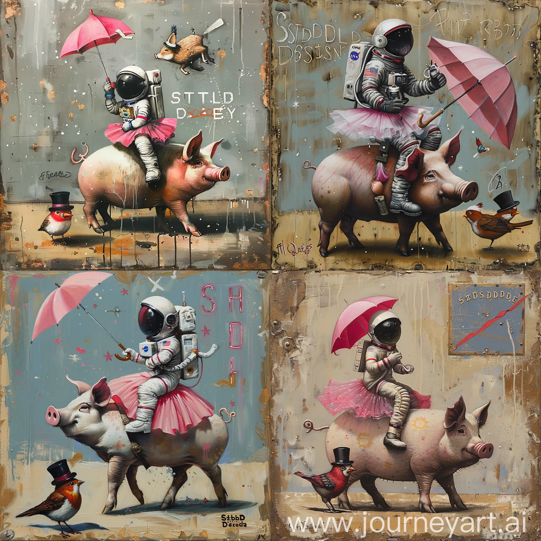 A painting of an astronaut riding a pig wearing a tutu holding a pink umbrella, on the ground next to the pig is a robin bird wearing a top hat, in the corner are the words ‘stable diffusion