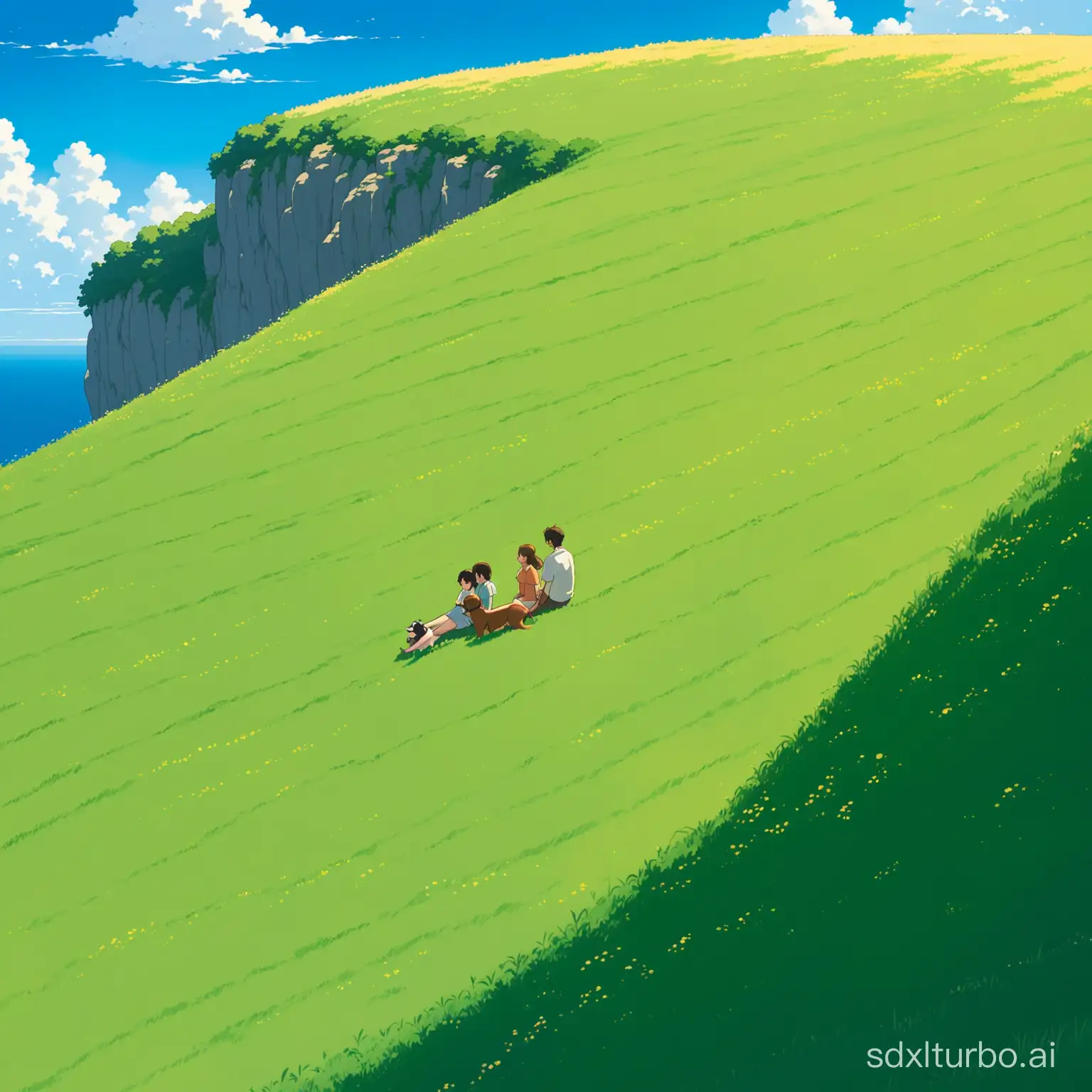 studio ghibli style: A huge field on top of a cliff, only two people are visible: A guy and a girl lie in the grass next to each other with their dog, watching the sky, there are some shadows of clouds to be seen on the field, it's sunny and the vibe is peaceful, both are laughing