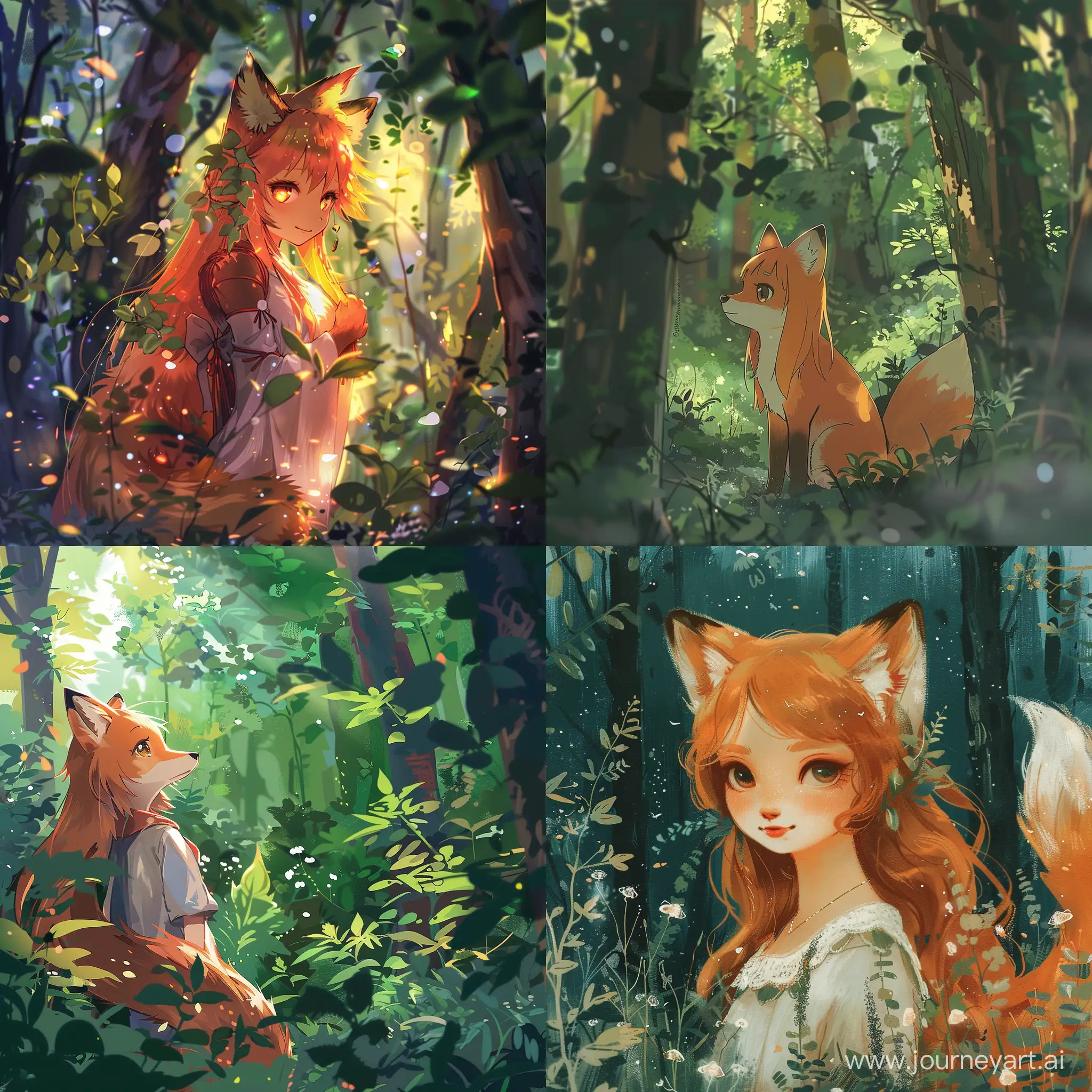 Girl fox in the magic forest anime style