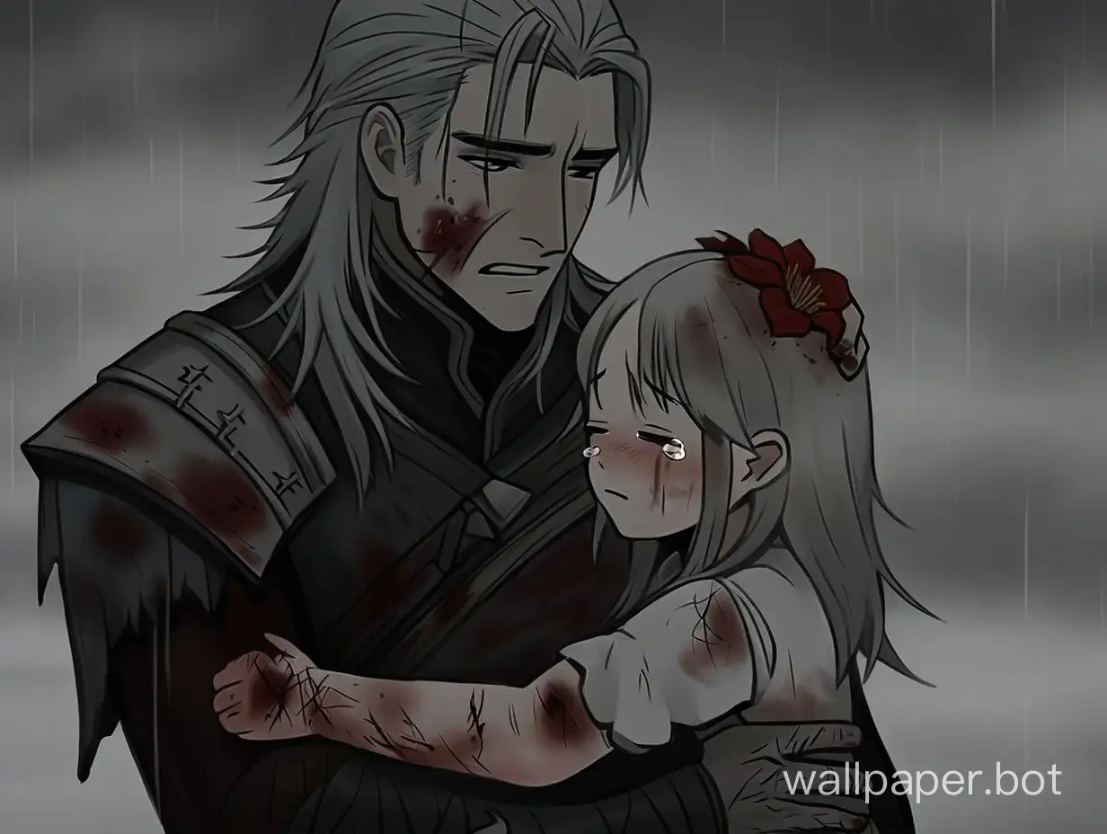 Geralt dies from wounds on his body, blood stains on his face, wounds on his face. Tears flow down his cheek, wounds on Geralt's body. Nearby, his daughter cries in his arms. A gloomy atmosphere, a flower on the daughter's head.