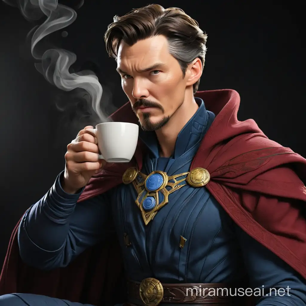 Dr Strange Enjoying a Tranquil Moment with a Latte in a Serene Black Setting