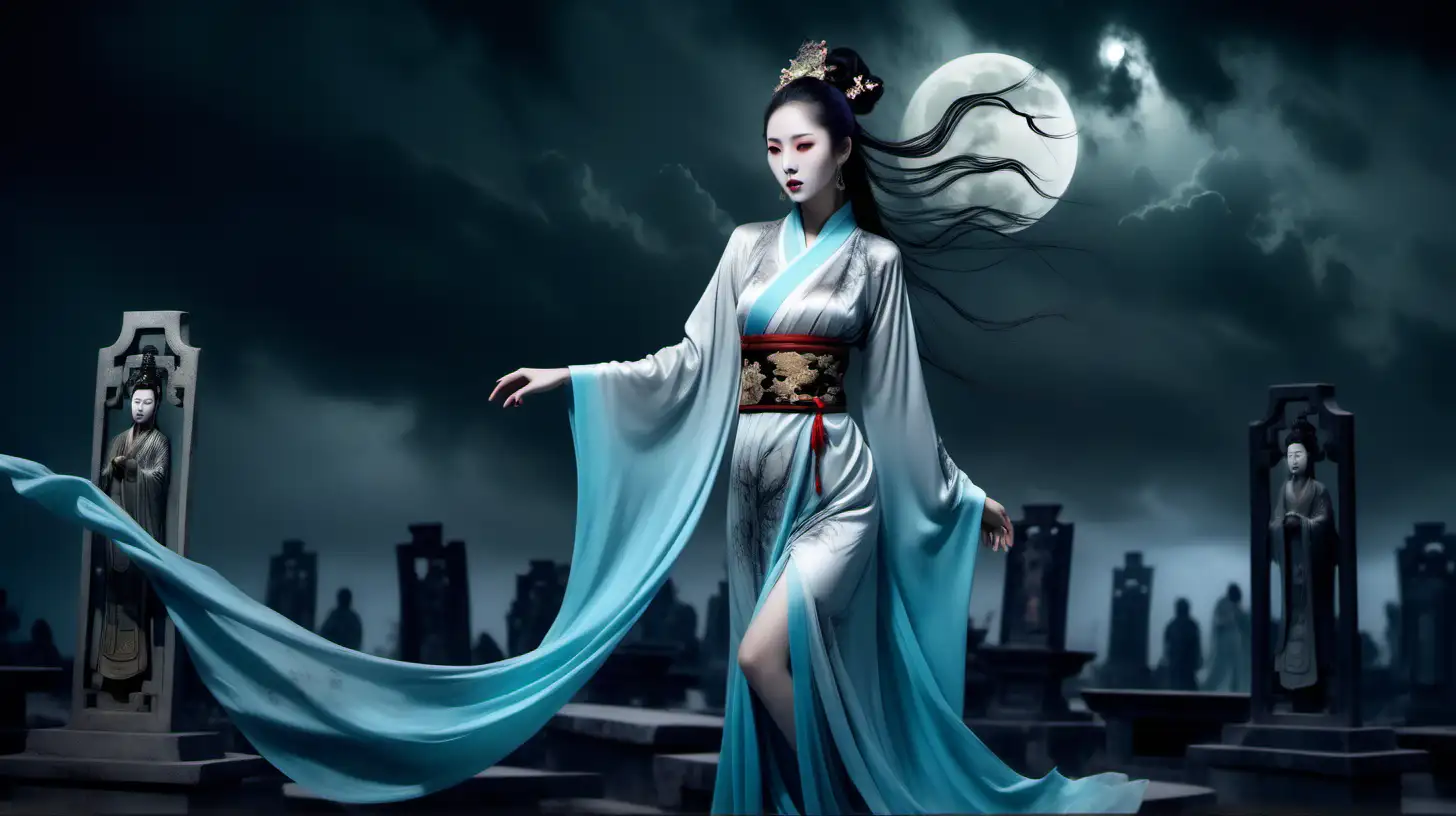 photo of beautiful Chinese goddess, sensual flowing sparse clothing, appearing in a moonlit graveyard, Ching dynasty Peking, stormy skies and evil omens,