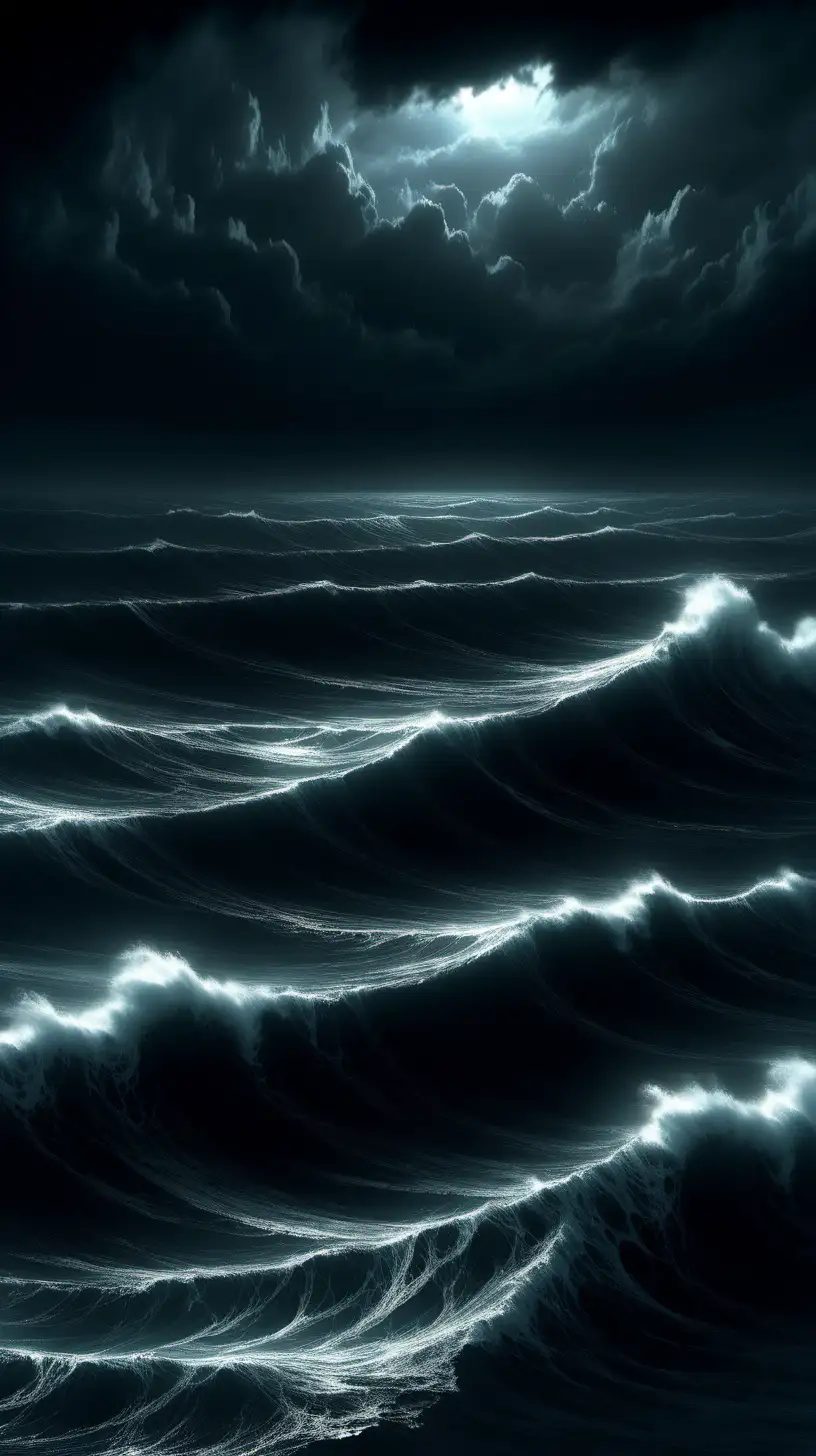 Immerse yourself in the ominous beauty of a dark and eerie cutscene, showcasing the power of big waves in a panoramic ocean view. The contrast between the dark sky and the frothy waves intensifies the foreboding ambiance, leaving viewers captivated by the cinematic spectacle. Ominous beauty, dark and eerie cutscene, big waves, panoramic ocean view, contrast, dark sky, frothy waves, foreboding ambiance, cinematic spectacle.

