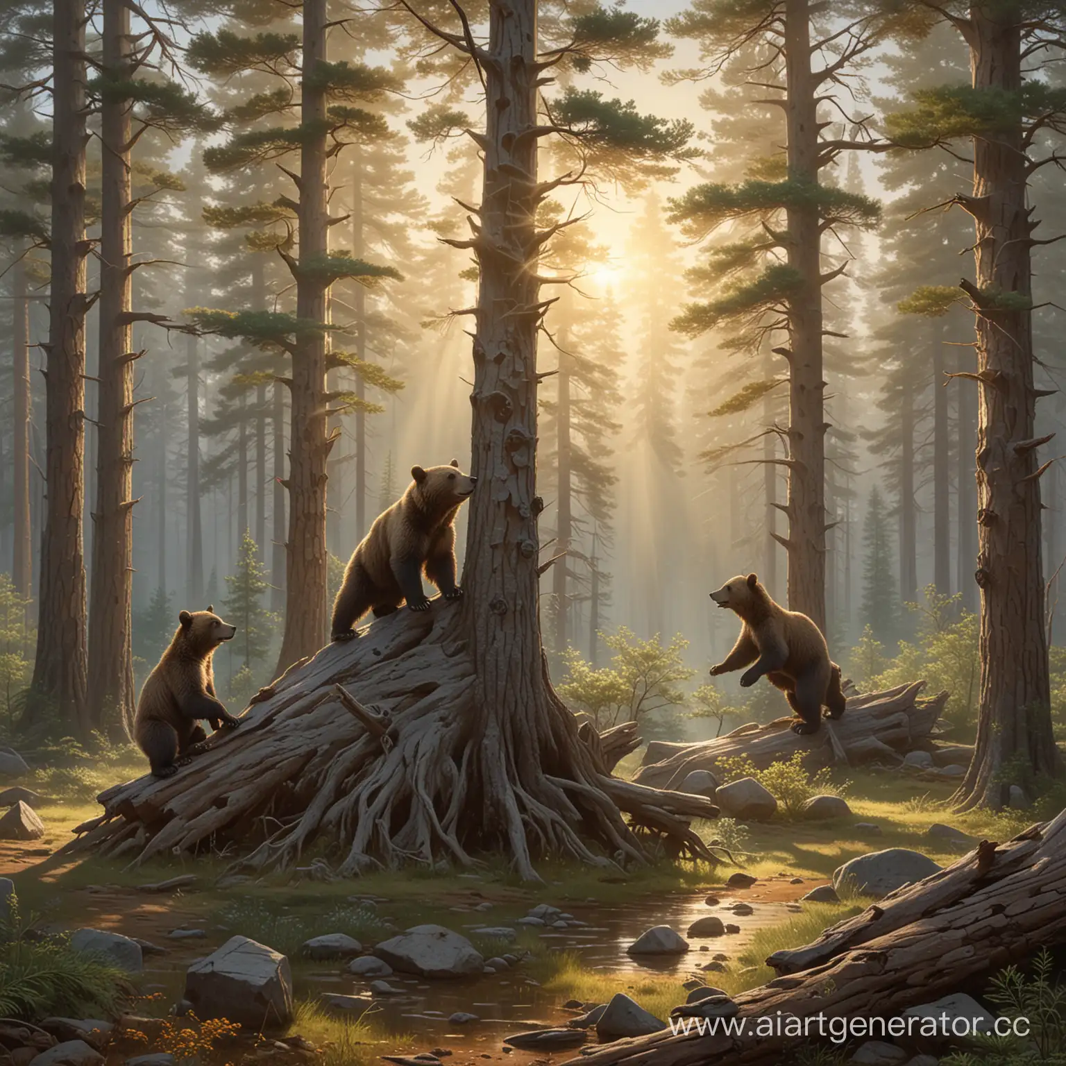 Tranquil-Forest-Scene-Bear-Cubs-Playing-Under-Mighty-Pines